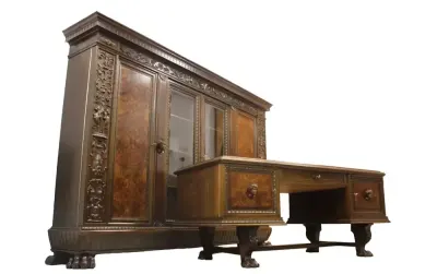 Majestatyczny komplet gabinetowy / bogato rzeźbiony  biblioteka i biurko — praca Antykwarz Paweł Rypina, Annowo