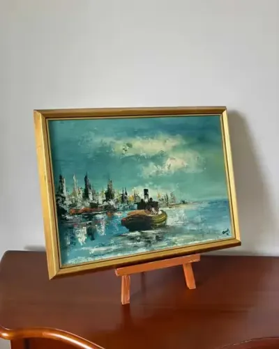 Obraz olejny – port morski, klimatyczna scena z łodzią, ręcznie malowany w ramie Sygnowany — praca sweden.mania, Wrocław