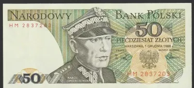 Polska 50 złotych 1988 - Karol Świerczewski - stan bankowy UNC — praca Kuliaqan2, Łódź