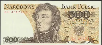 Polska 500 złotych 1982 - Tadeusz Kościuszko - GH - stan bankowy UNC — praca Kuliaqan2, Łódź