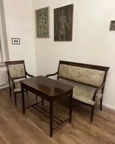 Antyk komplet wypoczynkowy stół fotel kanapa — praca Jachu, Poznań