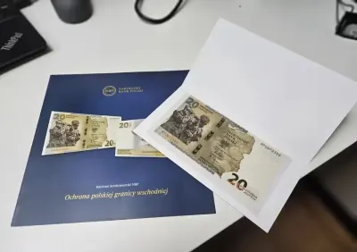 Banknot 20zl nbp unc Ochrona polskiej granicy wschodniej etui folder — praca Tomasz, Gdańsk