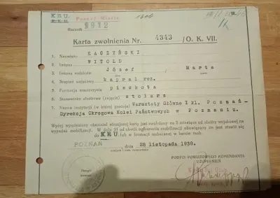 Dokument wojskowy II RP 1938 Poznań — praca ojjjjjjjjj, Poznań