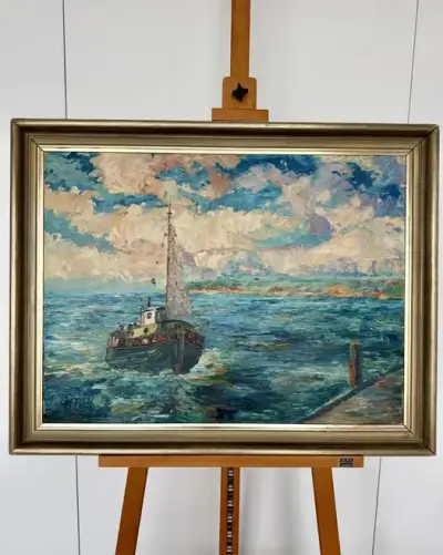 Duży Obraz Olejny 71x91 M. Pick Kuter na Morzu Impasto Gruba Faktura Marynistyka XXw Vintage Salon Gabinet Loft Unikat Wyjatkowa Kolorystyka — praca ArtCollector, Szczecin