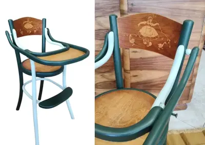 Dziecięce drewniane krzesełko do karmienia vintage — praca Maja Fortuna, Kraków