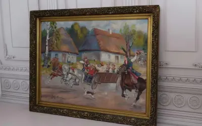 Jerzy Kossak - Wesele Krakowskie - Polski Stary Obraz Olejny — praca AntykiDecco, Kraków
