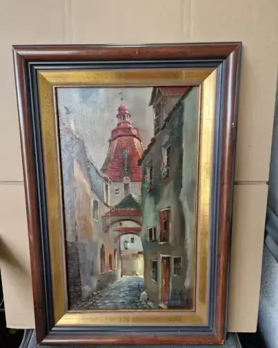 Karl Fuchshuber 1941 – pejzaż miejski weduta Weiden obraz olej na desce — praca Alter_ego, Poznań