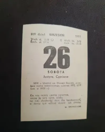 Kartka z kalendarza 26.09.1981 — praca Gosia, Łódź