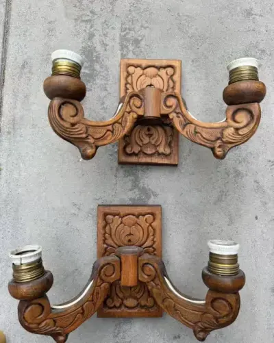 Kinkiety drewniane ręcznie robione antyk, 1930 rok — praca Kacper, Łódź