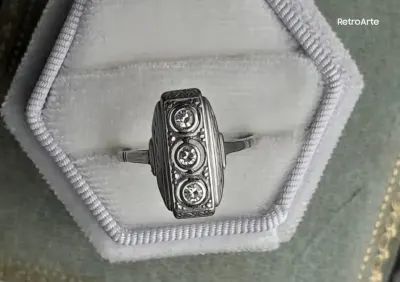 Pierścionek Art Deco Złoto 585 Platyna Diamienty 0.15ct Certyfikat — praca RetroArte, Warszawa