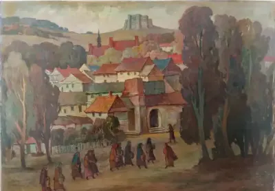 "Stare miasteczko" Kazimierz Pieniążek obraz olejny na płycie spilśninej 122x90 cm — praca Grzegorz, Łódź