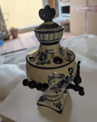 Stary Samowar Porcelanowy GŻEL (Gzhel) ZSRR / Rosja - Sygnowany Autentyk — praca Piotr, Gdańsk