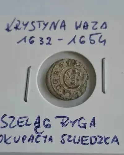 Szeląg miejski Krystyna, Ryga (okupacja szwedzka). Srebro bilonowe — praca Galeria Aquila, Gdańsk