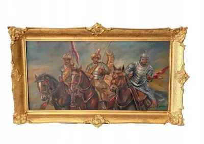 Wojciech Kossak - HUSARIA POLSKA - Obraz Olejny Złota Rama — praca AntykiDecco, Kraków