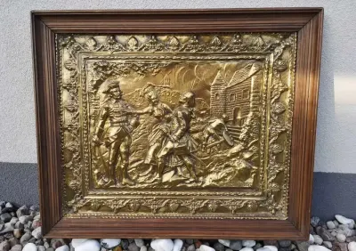 Zabytkowy relief - mosiądz w drewnianej ramie — praca Paweł, Szczecin