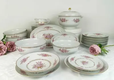 Zastawa stołowa obiadowa na 10 osób z niemieckiej porcelany — praca Anna, Łódź