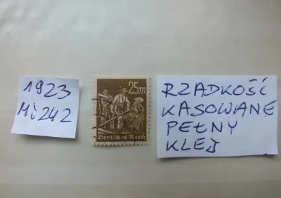 znaczki Mi242 Niemcy 1923r. ROBOTNICY Rzesza DROŻSZE kasowane RZADKOŚĆ - pełny klej Reich — praca Marek, Gdańsk