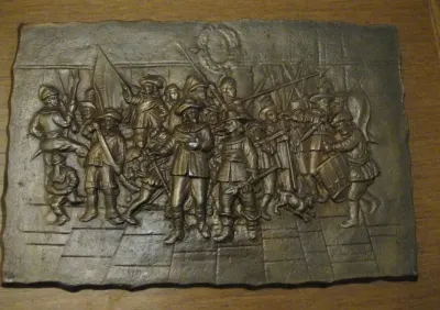 Metaloplastyka, piękny odlew, "Straż nocna", Rembrandta, b. masywna, — praca Damian Z., Wrocław