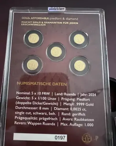 Dzikie Koty zestaw 5 złotych monet z czarnym diamentem Rwanda 2024 r — praca Irena O., Wrocław