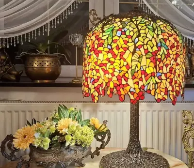 Unikatowa lampa witrażowa (w stylu Tiffany) Wisteria wys.68cm,śred.43cm (11kg) -stan idealny — praca Jola, Bydgoszcz