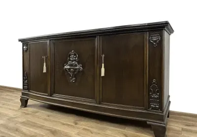 KOMODA antyk BUFET 3-DRZWIOWY płaskorzeźby 2 szuflady SZAFKA pod TV RT — praca Karol W., Poznań