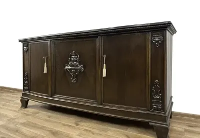 KOMODA antyk BUFET 3-DRZWIOWY płaskorzeźby 2 szuflady SZAFKA pod TV RT — praca Karol W., Poznań